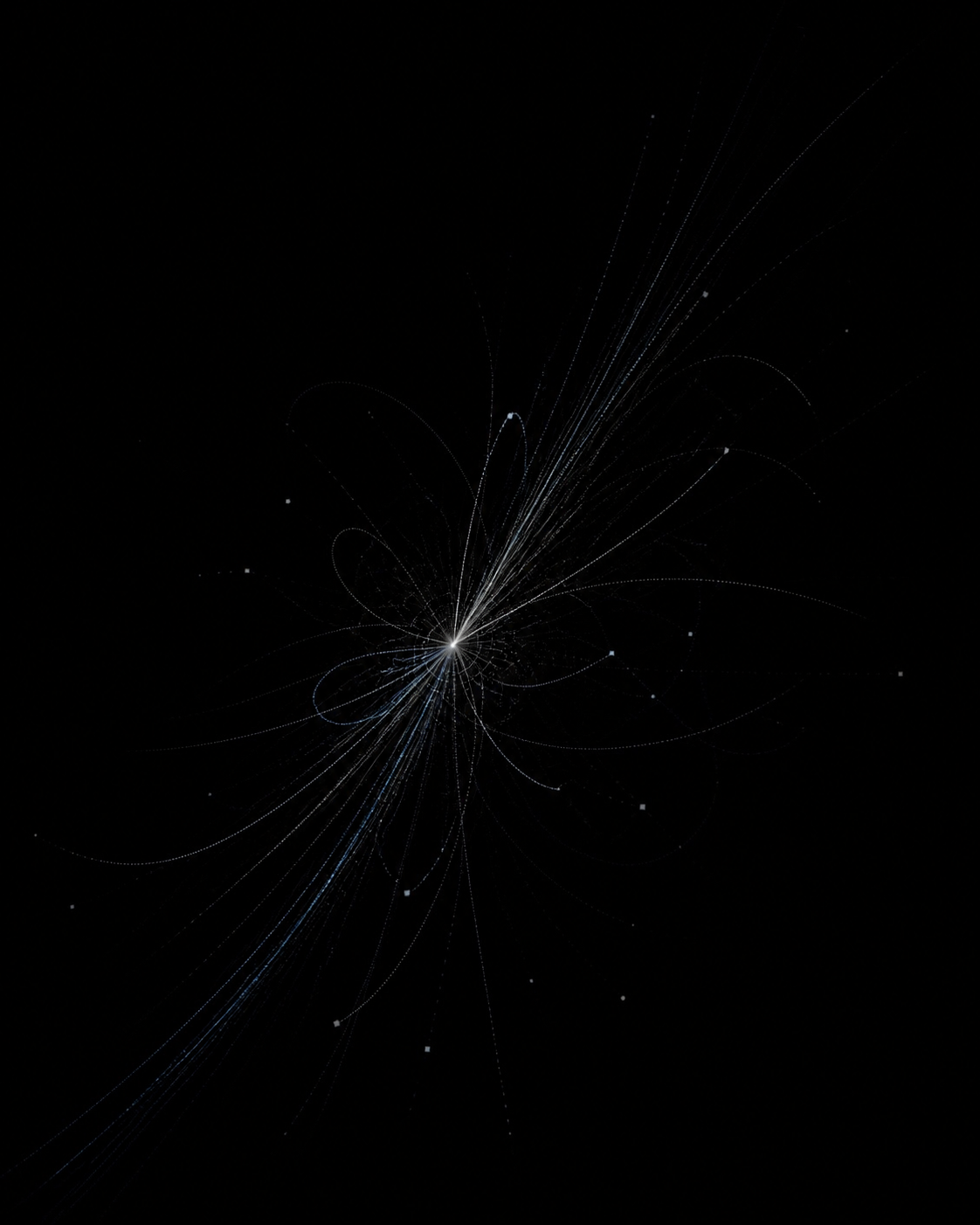 Abstract illustration of fine silver and pale-blue particle tracks on a black background